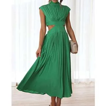 QWOPLK Dresses for Women's Summer Sleeveless Solid Stand Collar Sleeveless Hollow Waist Midi Dress Small Green