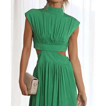 QWOPLK Dresses for Women's Summer Sleeveless Solid Stand Collar Sleeveless Hollow Waist Midi Dress Small Green