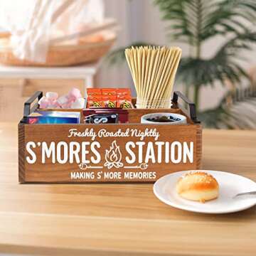 COZYYROME S'Mores Station, Farmhouse S'Mores Bar Holder with Handles, Smores Caddy, Smores Accessories Organizer, Smores Supplies Container Box, Smores Maker Box for Smores Kit, Smores Tray(Brown)