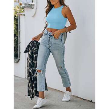 REORIA Women's Sexy Sleeveless High Neck Racerback Cropped Tank Tops Cute Teen Girls Halter Neck Crop Tops Vest Sky Blue Medium