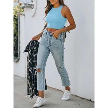 REORIA Women's Sexy Sleeveless High Neck Racerback Cropped Tank Tops Cute Teen Girls Halter Neck Crop Tops Vest Sky Blue Medium