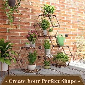 Tikea Plant Stand Indoor Outdoor Hexagonal Plant Stand for Multiple Plants Indoor Large Wooden Plant Shelf 7 Tiered Creative DIY Flowers Stand Rack for Living Room Balcony Patio Window