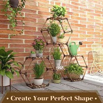 Tikea Plant Stand Indoor Outdoor Hexagonal Plant Stand for Multiple Plants Indoor Large Wooden Plant Shelf 7 Tiered Creative DIY Flowers Stand Rack for Living Room Balcony Patio Window