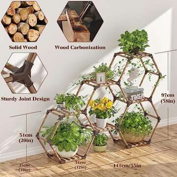 Tikea Plant Stand Indoor Outdoor Hexagonal Plant Stand for Multiple Plants Indoor Large Wooden Plant Shelf 7 Tiered Creative DIY Flowers Stand Rack for Living Room Balcony Patio Window