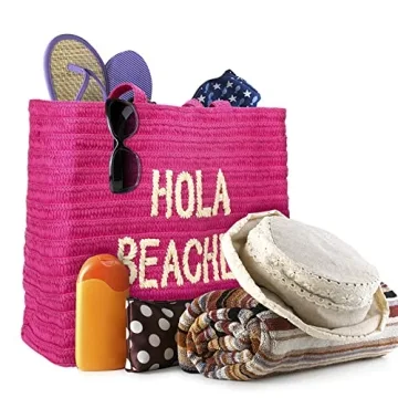 Hola Beaches vacation beach bag. A straw woven beach bag that packs flat. Beach bags for women are b...