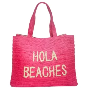 Hola Beaches vacation beach bag. A straw woven beach bag that packs flat. Beach bags for women are beach essentials. Use as a large beach travel tote bag or a pool bag. Beach Bag with Pockets.