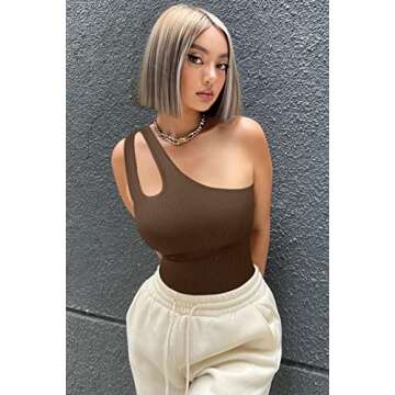 OQQ Women's 3 Piece Sexy Ribbed Sleeveless One Shoulder Tank Top Exercise BodySuit, Black Coffee Tea Leaf, Large
