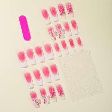 Vezocim Press on Nails Coffin Long French Tips Glossy Full Cover Acrylic Square Pink Fake Nails with Heart Bow Gems Designs Extra Long False Nails Glue on Fingernails with Charm for Women Girls