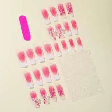 Vezocim Press on Nails Coffin Long French Tips Glossy Full Cover Acrylic Square Pink Fake Nails with Heart Bow Gems Designs Extra Long False Nails Glue on Fingernails with Charm for Women Girls