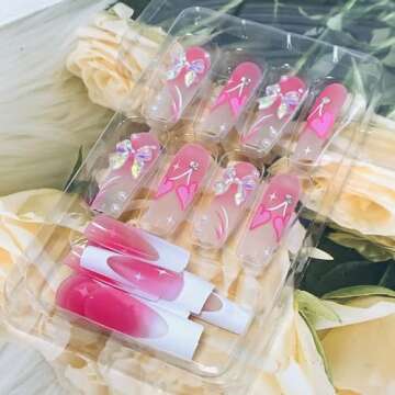 Vezocim Press on Nails Coffin Long French Tips Glossy Full Cover Acrylic Square Pink Fake Nails with Heart Bow Gems Designs Extra Long False Nails Glue on Fingernails with Charm for Women Girls