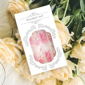 Vezocim Press on Nails Coffin Long French Tips Glossy Full Cover Acrylic Square Pink Fake Nails with Heart Bow Gems Designs Extra Long False Nails Glue on Fingernails with Charm for Women Girls