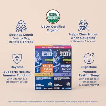 Mommy's Bliss Organic Cough Syrup & Mucus for Kids, Day and Night Combo Pack with Vitamin C and Immunity Support, Contains Organic Honey and Ivy Leaf, 4 Fluid Ounces (2 Bottles)