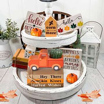 Thanksgiving Decorations - Thanksgiving Decor - Includes 3 Mini Wood Decorative Books Stack and Truck, Farmhouse Rustic Tiered Tray Items for Autumn Fall Harvest Home Indoor Decoration