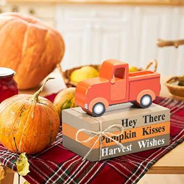 Thanksgiving Decorations - Thanksgiving Decor - Includes 3 Mini Wood Decorative Books Stack and Truck, Farmhouse Rustic Tiered Tray Items for Autumn Fall Harvest Home Indoor Decoration