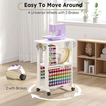 Crafit Sewing Table, Sewing Side Desk with Thread Holder Portable 3-in-1 Multi-functional Sewing Machine Table with Wheels for Storage Sewing Machine Embroidery Thread Spool Supplies