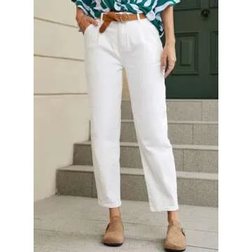Astylish Women White Jeans High Waist Casual Loose Boyfriend Cropped Mom Denim Pants White Size 4