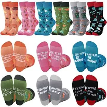 Bonuci 6 Pairs Novelty Camping Socks for Women Funny Camping Crew Dress Socks Cool Xmas Gifts for Outdoor Lovers