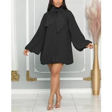 Yanfoam Women's Puff Long Sleeve Sweetheart Round Neck Dress Flowy Loose Chiffon for Cocktail Party Mini Dress