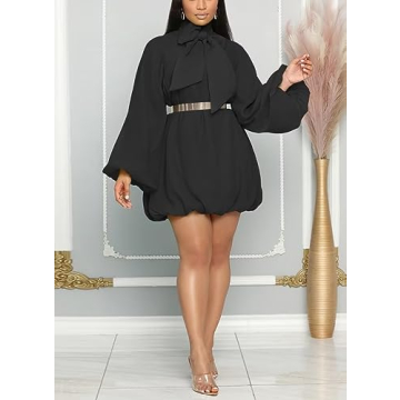 Yanfoam Women's Puff Long Sleeve Sweetheart Round Neck Dress Flowy Loose Chiffon for Cocktail Party Mini Dress