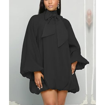 Yanfoam Women's Puff Long Sleeve Sweetheart Round Neck Dress Flowy Loose Chiffon for Cocktail Party Mini Dress