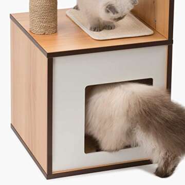 Vesper Cat Tree with Cozy Cube Den and Rattan Ball