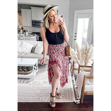 BTFBM Women 2024 Summer Spring Boho Long Skirts Dress Floral Print Elastic Waist Split Ruffle High Low Beach Maxi Skirt(X-Red, Medium)