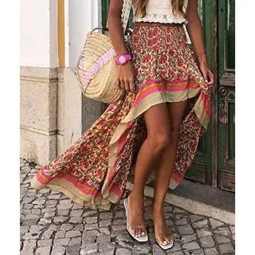 BTFBM Women 2024 Summer Spring Boho Long Skirts Dress Floral Print Elastic Waist Split Ruffle High Low Beach Maxi Skirt(X-Red, Medium)