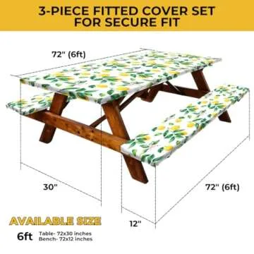 RNOONY 6ft Polyester Picnic Table Cover with Bench Covers and Carrying Bag, Elastic Fitted Tableclot...