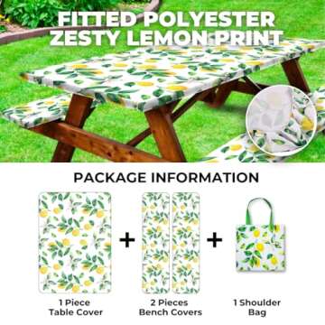 RNOONY 6ft Polyester Picnic Table Cover with Bench Covers and Carrying Bag, Elastic Fitted Tablecloth, Windproof, Waterproof for Camping RV Gear Camper Must Haves 72x30 4Pcs Lemon Design