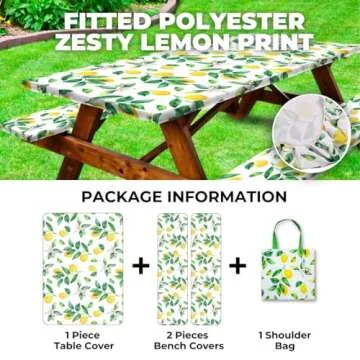 RNOONY 6ft Polyester Picnic Table Cover with Bench Covers and Carrying Bag, Elastic Fitted Tablecloth, Windproof, Waterproof for Camping RV Gear Camper Must Haves 72x30 4Pcs Lemon Design