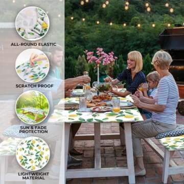 RNOONY 6ft Polyester Picnic Table Cover with Bench Covers and Carrying Bag, Elastic Fitted Tablecloth, Windproof, Waterproof for Camping RV Gear Camper Must Haves 72x30 4Pcs Lemon Design