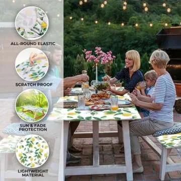 RNOONY 6ft Polyester Picnic Table Cover with Bench Covers and Carrying Bag, Elastic Fitted Tablecloth, Windproof, Waterproof for Camping RV Gear Camper Must Haves 72x30 4Pcs Lemon Design
