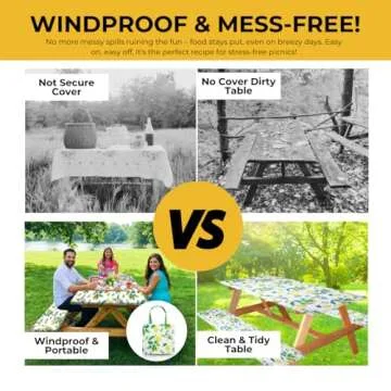 RNOONY 6ft Polyester Picnic Table Cover with Bench Covers and Carrying Bag, Elastic Fitted Tablecloth, Windproof, Waterproof for Camping RV Gear Camper Must Haves 72x30 4Pcs Lemon Design