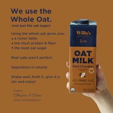 Willa's Organic Oat Milk - Chocolate Oat Milk, Shelf Stable Milk, Organic Non GMO Oat Milk Unsweetened, Low Sugar Oatmilk (1g), Non Dairy Milk Made from Whole Grain Oats, 32 Oz - Pack of 1