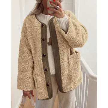 PRETTYGARDEN Women's Warm Winter Coats Casual Long Sleeve Button up Fuzzy Sherpa Fleece Jackets Outerwear (Khaki,X-Small)