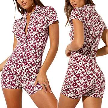 Fernvia Women’s Short Sleeve Jumpsuit Sexy V-Neck Knitted Buttons Open Bodycon Bodysuit Overall Romper Summer Streetwear