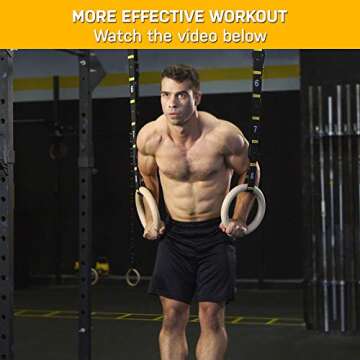 Double Circle Wood Gymnastics Rings with Quick Adjust Numbered Straps and Exercise Videos Guide - Fu...