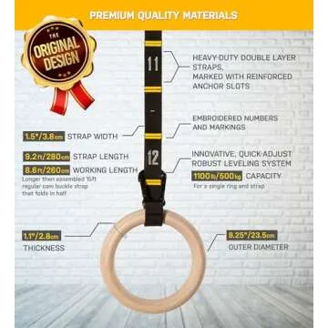 Double Circle Wood Gymnastics Rings with Quick Adjust Numbered Straps and Exercise Videos Guide - Full Body Workout Rings, Calisthenics, Home Gym