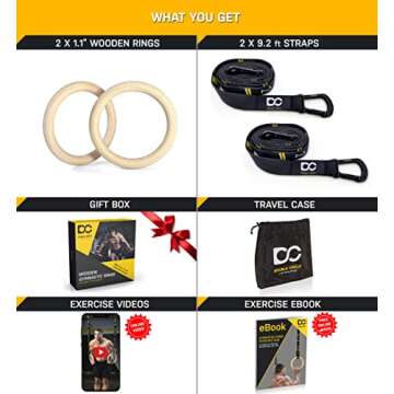 Double Circle Wood Gymnastics Rings with Quick Adjust Numbered Straps and Exercise Videos Guide - Full Body Workout Rings, Calisthenics, Home Gym