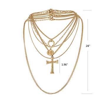 ACC PLANET Gold Layer Necklace Set 6PCS Gold Plated Multilayer Chain Moon Cross Coin Pendant Mother's Day Layered Choker Necklace for Women Gift