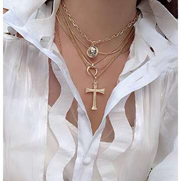 ACC PLANET Gold Layer Necklace Set 6PCS Gold Plated Multilayer Chain Moon Cross Coin Pendant Mother's Day Layered Choker Necklace for Women Gift