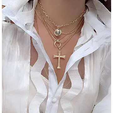 ACC PLANET Gold Layer Necklace Set 6PCS Gold Plated Multilayer Chain Moon Cross Coin Pendant Mother's Day Layered Choker Necklace for Women Gift