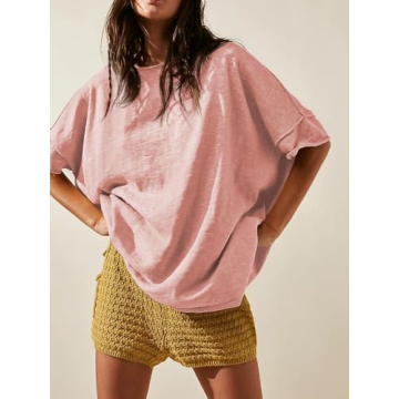Tankaneo Women's Casual Oversized T-Shirt - Pink Summer Blouse