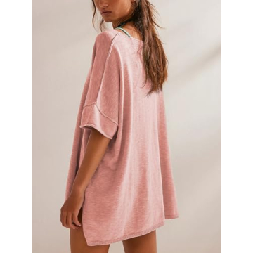 Tankaneo Women's Casual Oversized T-Shirt - Pink Summer Blouse
