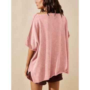 Tankaneo Women's Casual Oversized T-Shirt - Pink Summer Blouse