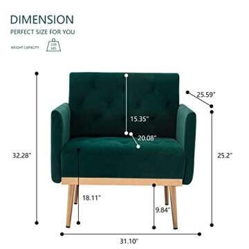 KIVENJAJA Velvet Accent Chair, Modern Comfy Tufted Upholstered Armchair for Living Room & Bedroom, Reading Arm Chair Single Sofa with Rose Gold Metal Legs, Dark Green