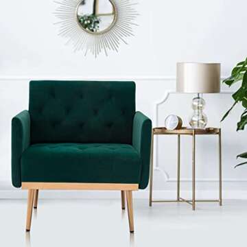 KIVENJAJA Velvet Accent Chair, Modern Comfy Tufted Upholstered Armchair for Living Room & Bedroom, Reading Arm Chair Single Sofa with Rose Gold Metal Legs, Dark Green