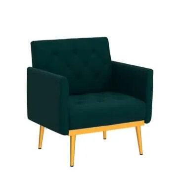 KIVENJAJA Velvet Accent Chair, Modern Comfy Tufted Upholstered Armchair for Living Room & Bedroom, Reading Arm Chair Single Sofa with Rose Gold Metal Legs, Dark Green