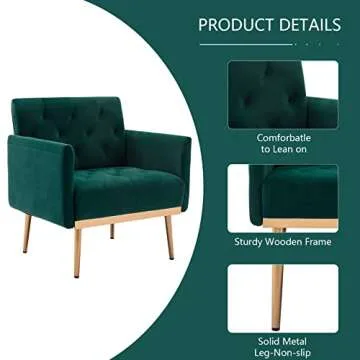 KIVENJAJA Velvet Accent Chair, Modern Comfy Tufted Upholstered Armchair for Living Room & Bedroom, Reading Arm Chair Single Sofa with Rose Gold Metal Legs, Dark Green