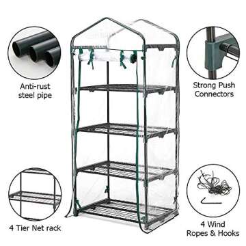 Greenhouse 4 Tier Mini Greenhouse 63x28x20 in Portable Garden Green House, with Zippered PVC Cover, Metal Shelves for Garden Yard Patio Indoor Outdoor, Extra Hooks Wind Ropes 8 Net Rack Buckles